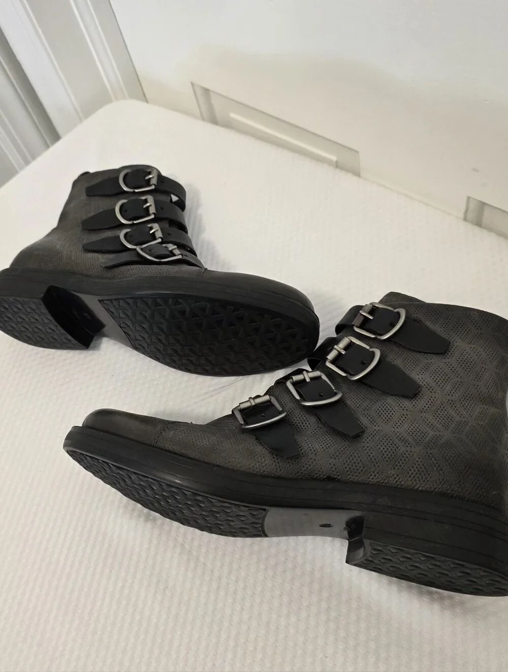 Miz Mooz Charcoal Grey Leather  Buckle Ankle Accent Zip Boots Size 40/9, Biker,